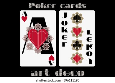 Poker playing card. Ace heart. Joker. Poker cards in the art deco style. Standard size card.