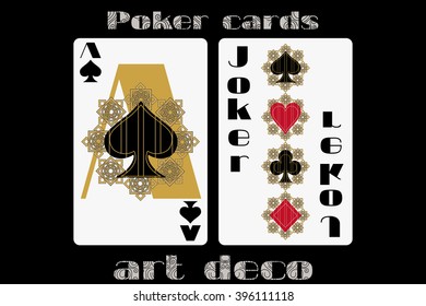 Poker playing card. Ace spade. Joker. Poker cards in the art deco style. Standard size card.