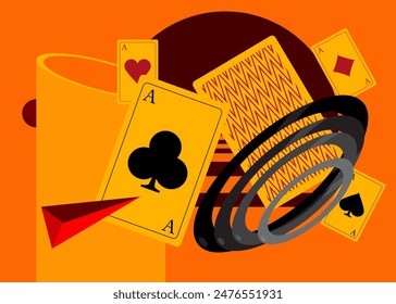 Poker Playing Card with geometrical graphic retro theme background. Minimal geometric elements. Vintage abstract shapes vector illustration.