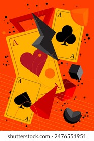 Poker Playing Card with geometrical graphic retro theme background. Minimal geometric elements. Vintage abstract shapes vector illustration.