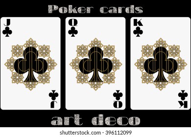 Poker playing card. Jack clubs. Queen clubs. King clubs. Poker cards in the art deco style. Standard size card.