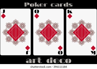 Poker playing card. Jack diamond. Queen diamond. King diamond. Poker cards in the art deco style. Standard size card.