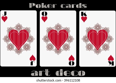 Poker playing card. Jack heart. Queen heart. King heart. Poker cards in the art deco style. Standard size card.