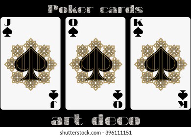 Poker playing card. Jack spade. Queen spade. King spade. Poker cards in the art deco style. Standard size card.