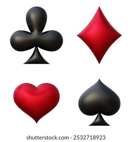 Poker juego de cartas 3d. Ilustración vectorial. El conjunto incluye picas, diamante, club y corazones. Símbolos para casino, App y Sitios web o diseño de juegos