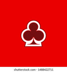 Poker playing card suit clover outline shape single icon. Clubs suit deck of playing cards used for ace in Las Vegas royal casino. Single icon illustration isolated on red. Drawing pic for tattoo.