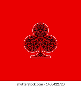 Poker playing card suit clover design shape single icon. Clubs suit deck of playing cards used for ace in Las Vegas royal casino. Single icon pattern isolated on red. Ornament drawing pic for tattoo