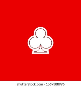 Poker playing card suit clover outline shape single icon. Clubs suit deck of playing cards used for ace in Las Vegas royal casino. Single icon illustration isolated on red. Drawing pic for tattoo.
