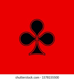 Poker playing card suit clover outline shape single icon. Clubs suit deck of playing cards used for ace in Las Vegas royal casino. Single icon illustration isolated on red. Drawing pic for tattoo.