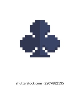 Poker playing card suit clover shape pixel art icon. Clubs suit deck. Design for stickers, logo, web, mobile app, badges and patches, arcade. Isolated vector illustration. Game assets 8-bit sprite.