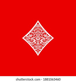 Poker playing card suit Diamonds design shape single icon. Diamonds suit of playing card used for ace in Las Vegas royal casino. Single icon pattern isolated on red. Ornament drawing pic for tattoo