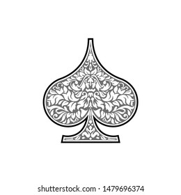 Poker playing card suit Spades design shape single icon. Spades suit deck of playing card used for ace in Las Vegas royal casino. Single icon pattern isolated on white. Ornament drawing pic for tattoo