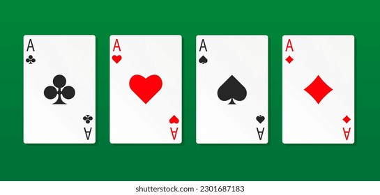 Poker playing cards. Aces set on casino green table. Vector illustration isolated.