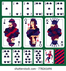 Poker playing cards club suit set laid out on green table isolated vector illustration  