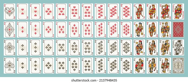 Poker playing cards designs, full deck for casino game. King, queen, jack, ace and joker. Diamonds, hearts, spades and clubs card vector set. Leisure entertainment, gambling activity