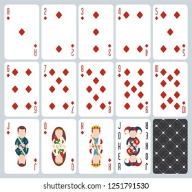 Poker playing cards of Diamonds suit. Blue background. Original design deck. Vector illustration