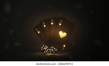 Poker playing cards with dice in black and gold. A concept for a casino.