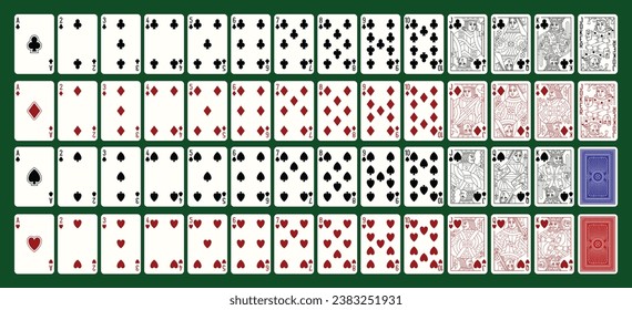 Poker playing cards, a full deck of 54 cards and back side. Set  of Ace King Queen Jack Joker Spades Hearts Diamonds and Clubs. Vector line illustration.