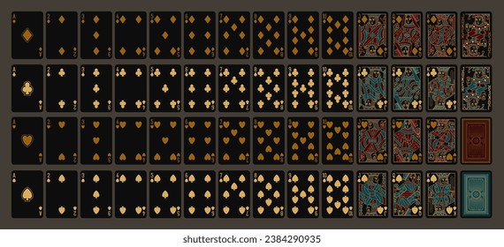 Poker playing cards, a full deck of 54 cards and back side. Black and Gold color design. Set  of Ace King Queen Jack  Joker Spades Hearts Diamonds and Clubs. Vector line illustration.