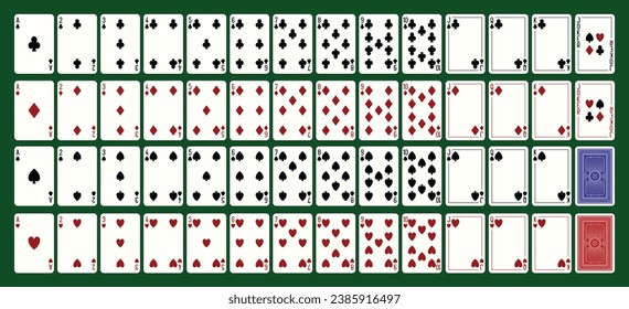 Poker playing cards, a full deck of 52 cards and back side. Set of Spades Hearts Diamonds and Clubs. Vector line illustration.