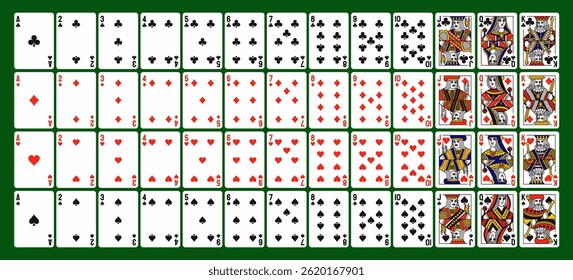 Pôquer jogando cartas. Baralho completo de jogar cartas para jogos de computador solitário e digital. Elementos de design para cassino e jogos de azar. Coleção de ilustrações vetoriais isolada no plano de fundo
