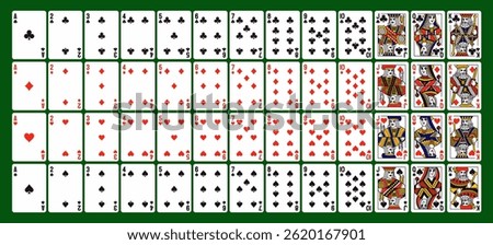 Poker playing cards. Full deck of playing cards for solitaire and digital computer games. Design elements for casino and gambling. Vector illustration collection isolated on background