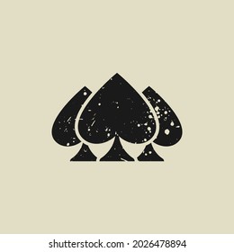 Poker playing cards grunge logo. Spades pyramid. Scratched Playing card deck, suit icon isolated on white. Casino, game, party symbol. Luck, mystery sign.
