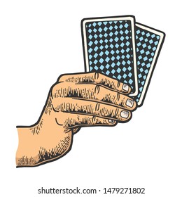 Poker playing cards in hands color sketch engraving vector illustration. Scratch board style imitation. Black and white hand drawn image.