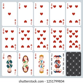 Poker playing cards of Hearts suit. Blue background. Original design deck. Vector illustration