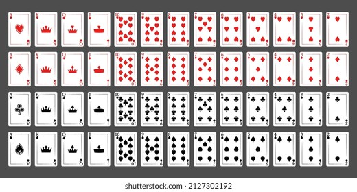 Poker playing cards isolated on a gray background, a full deck.