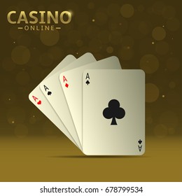 Poker playing cards. Set of four aces playing cards suits, Winning poker hand over golden sparkles background