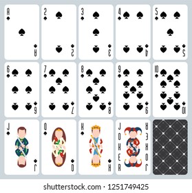 Poker playing cards of Spades suit. Blue background. Original design deck. Vector illustration