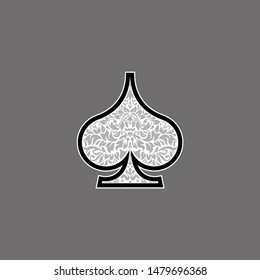 Poker playing cards suit Spades design shape single icon. Spades suit deck of playing card used for ace in Las Vegas royal casino. Single icon pattern isolated on gray. Ornament drawing pic for tattoo