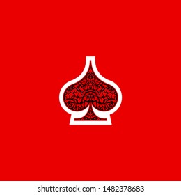 Poker playing cards suit Spades design shape single icon. Spades suit deck of playing card used for ace in Las Vegas royal casino. Single icon pattern isolated on red. Ornament drawing pic for tattoo