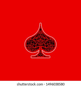 Poker playing cards suit Spades design shape single icon. Spades suit deck of playing card used for ace in Las Vegas royal casino. Single icon pattern isolated on red. Ornament drawing pic for tattoo