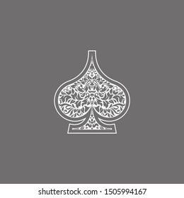 Poker playing cards suit Spades design shape single icon. Spades suit deck of playing card used for ace in Las Vegas royal casino. Single icon pattern isolated on gray. Ornament drawing pic for tattoo