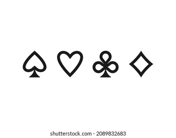 Poker playing cards suits line symbols - Spades, Hearts, Diamonds and Clubs. Playing card deck icons isolated on white. Casino, game, party symbol.