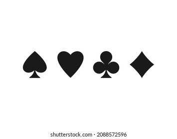 Poker playing cards suits symbols - Spades, Hearts, Diamonds and Clubs. Playing card deck icons isolated on white. Casino, game, party symbol.