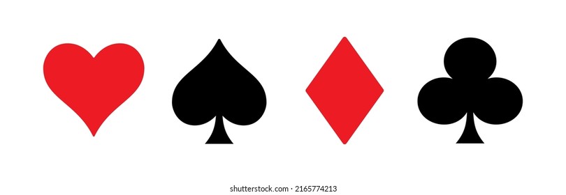 Poker Playing Cards Suits Symbols - Spades Hearts Diamonds and Clubs. Blackjack Card Icons Isolated on White Background. Casino Gambling Card Games Vector Illustration.