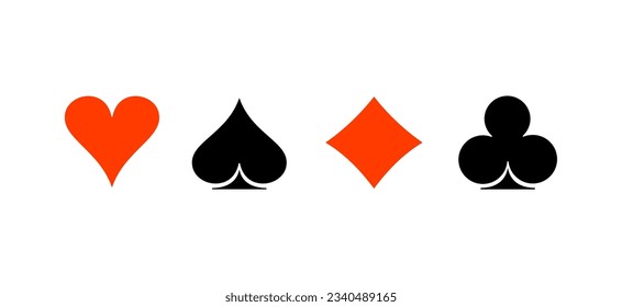 Poker playing cards suits symbols - spades hearts diamonds and clubs. Blackjack card icons isolated on white background. Playing card suit shape symbol pictogram for web design. Vector illustration.