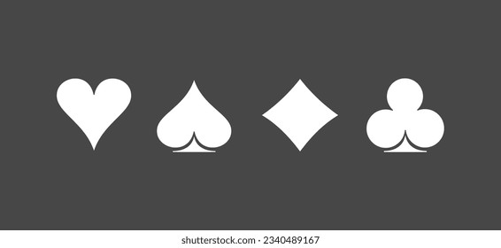 Poker playing cards suits symbols - spades hearts diamonds and clubs. Blackjack card icons isolated on gray background. Playing card suit shape symbol pictogram for web design. Vector illustration.