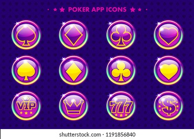 Poker purple app icons, cartoon and glossy casino symbols