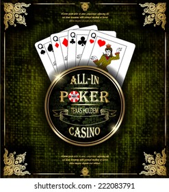 Poker Queens. Vector background. Poker and casino label. Texas holdem. All-in.