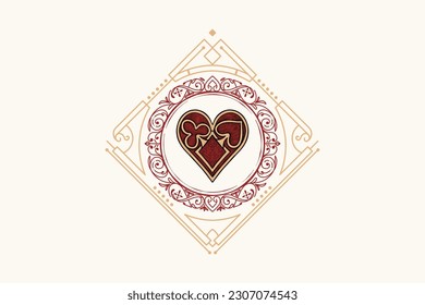 poker red heart with vintage classic ornament for cards