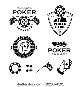 Poker related labels emblems badges design elements set. Texas holdem poker club tournament logotype collection. Human hand holding ace of spades. Vector vintage illustration.