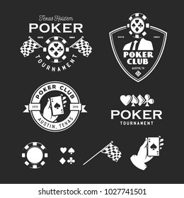 Poker related labels emblems badges design elements set. Texas holdem poker club tournament logotype collection. Human hand holding ace of spades. Vector vintage illustration.