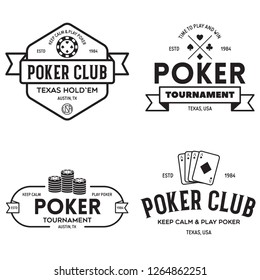 Poker related labels emblems badges design elements set. Texas holdem poker club tournament logotype collection. Vector vintage illustration.