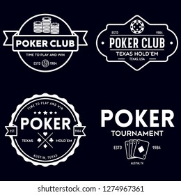 Poker related labels emblems badges design elements set. Texas holdem poker club tournament logotype collection. Vector vintage illustration.