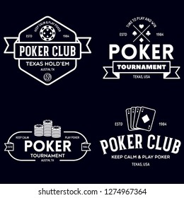 Poker related labels emblems badges design elements set. Texas holdem poker club tournament logotype collection. Vector vintage illustration.