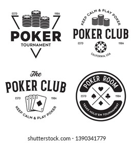 Poker related labels emblems badges design elements set. Texas holdem poker club tournament logotype collection. Vector vintage illustration.
